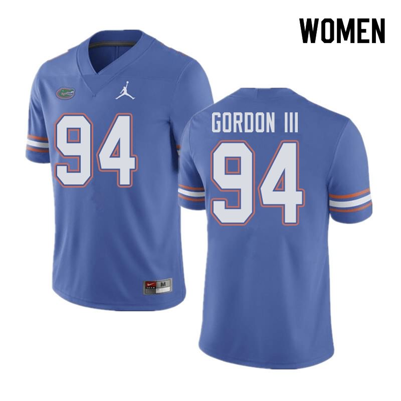 NCAA Florida Gators Moses Gordon III Women's #94 Jordan Brand Blue Stitched Authentic College Football Jersey LEO1864CO